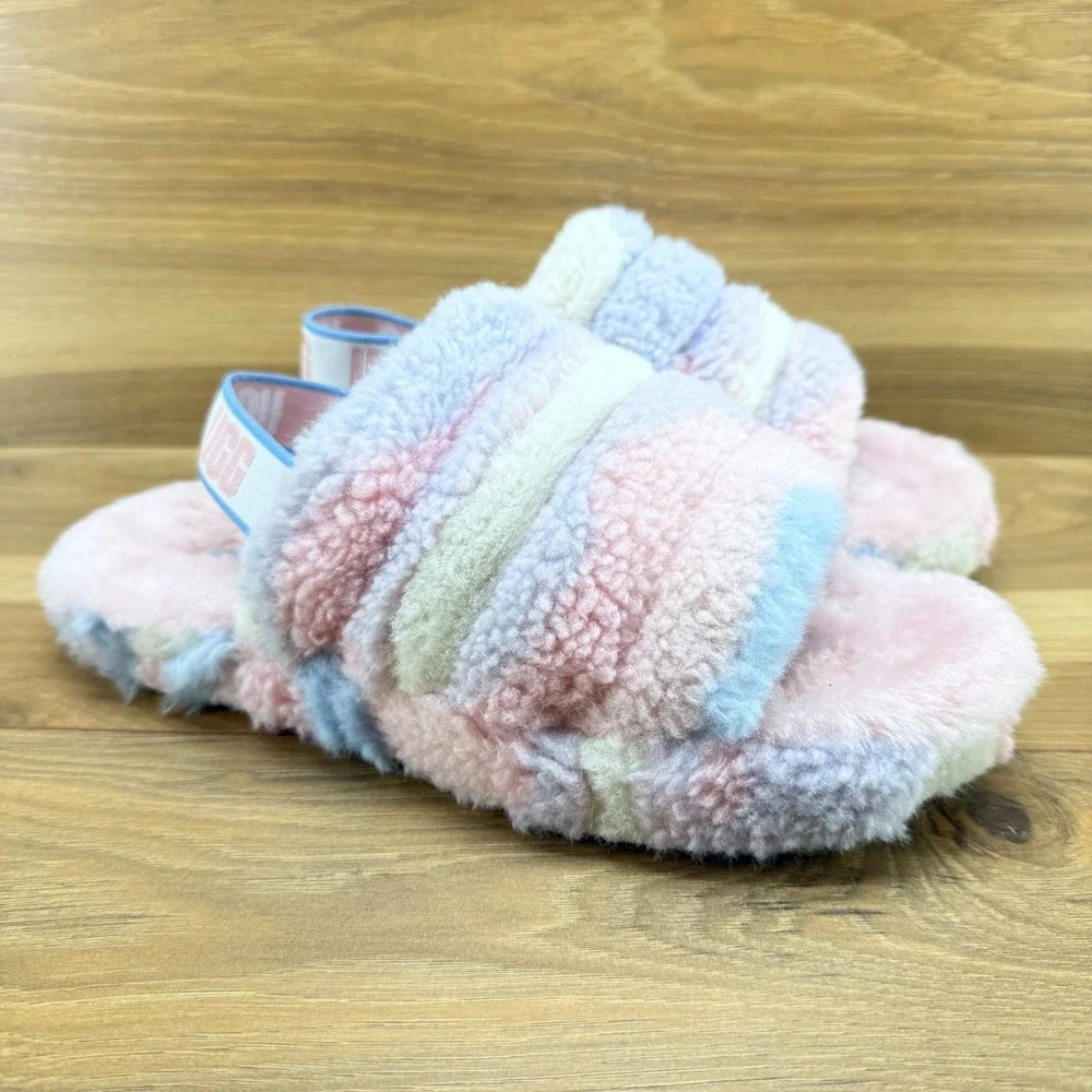 UGG Youth Big Girls Slippers Size 6 Pink Fluff Yeah Shearling Fur Slingback
